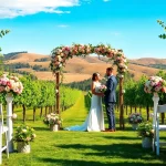 Couple exchanging vows in a Clarksburg wedding at a beautiful vineyard with floral decorations.