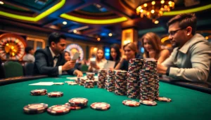 Suasana judi poker yang menarik menampilkan pemain di meja kasino dengan kartu dan chip.