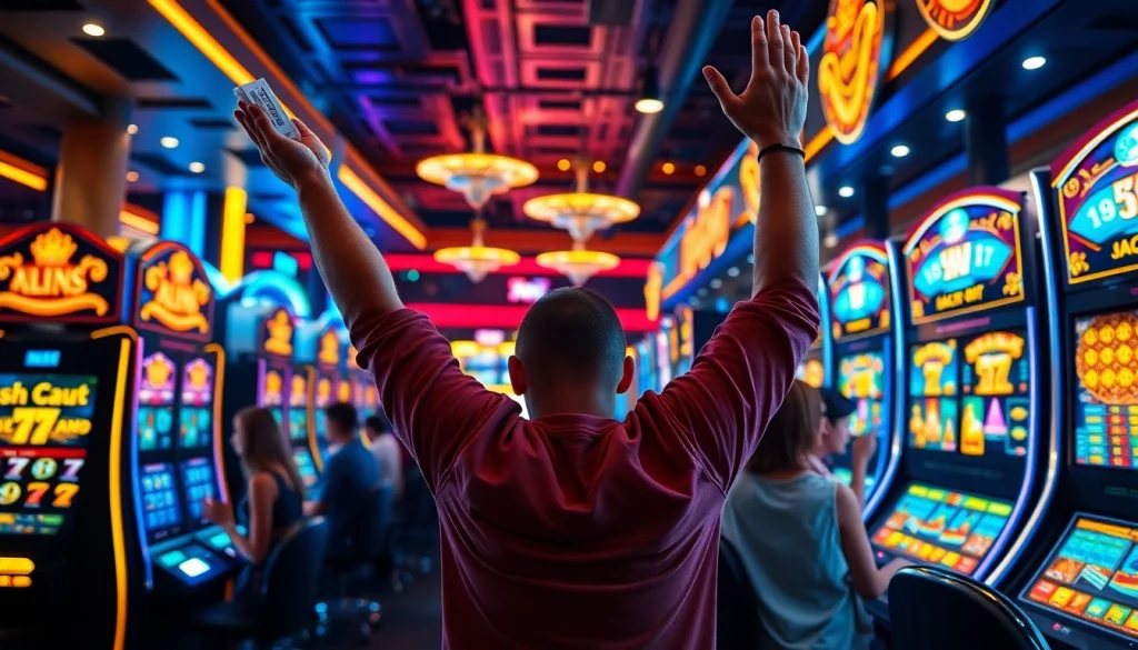A thrilling moment of victory at AMAN788's slot games, showcasing a player celebrating a jackpot win amidst a lively casino environment.