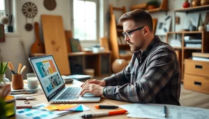 Tradesperson engaging in web design essex for trades in a cozy office environment.