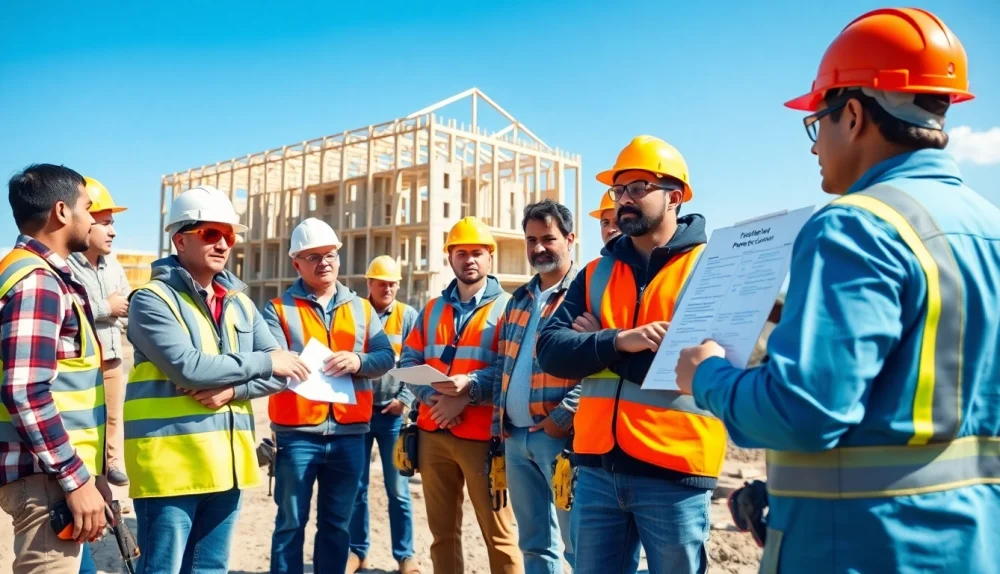 Construction safety training session with workers engaged in learning protocols outdoors.