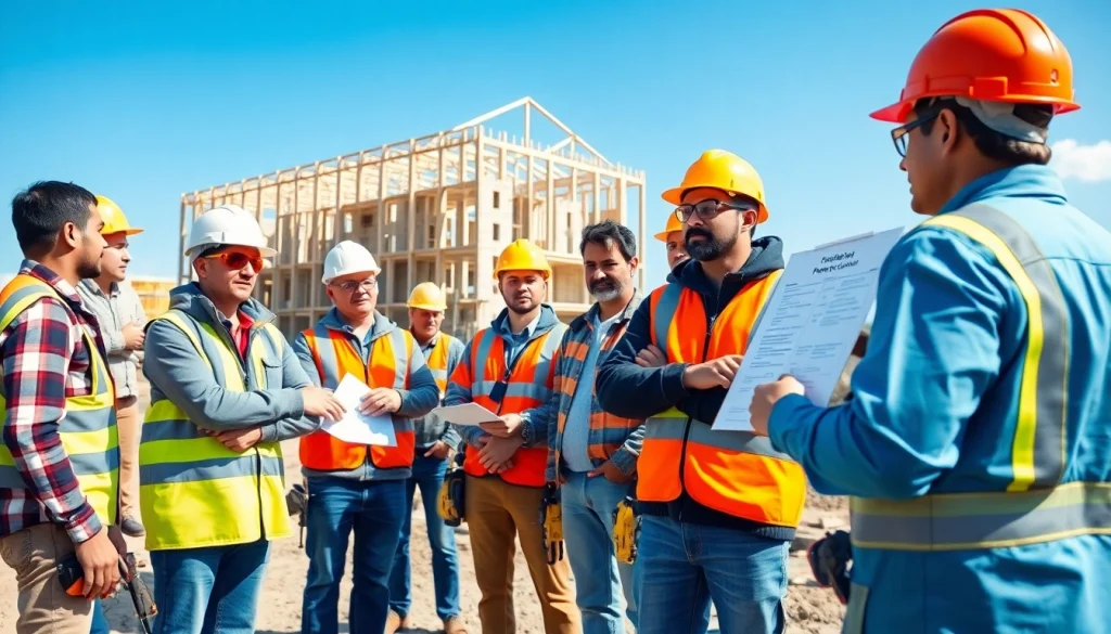 Construction safety training session with workers engaged in learning protocols outdoors.