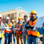 Construction safety training session with workers engaged in learning protocols outdoors.