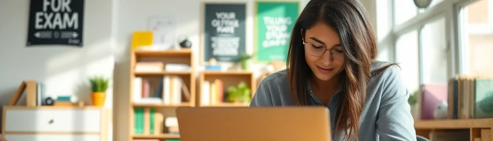 Engaged student utilizing online exam assistance tools in a bright study area.