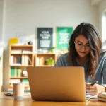 Engaged student utilizing online exam assistance tools in a bright study area.