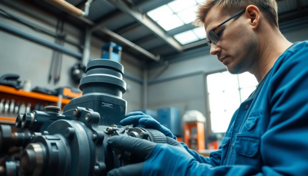 Engaging view of hydraulic system maintenance with a mechanic inspecting components in an industrial workshop.