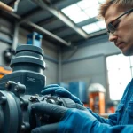 Engaging view of hydraulic system maintenance with a mechanic inspecting components in an industrial workshop.