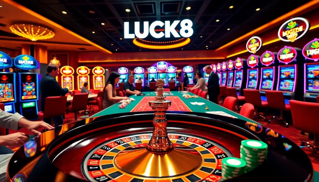 LUCK8 players engage at a vibrant roulette table in an exciting casino atmosphere.