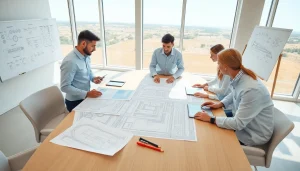 Railroad Design Consultants analyzing engineering plans in a modern office setting.