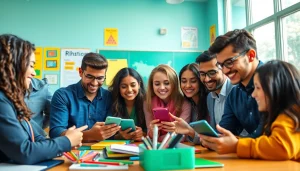 Students utilizing a smartphone solution in school life engaging collaboratively in a colorful classroom.