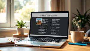 Image to prompt generator tool displayed on a laptop screen in a cozy workspace.