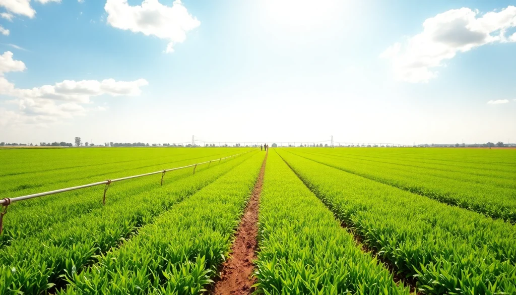Efficient land irrigation system aiding crop growth in a sunlit agricultural landscape.