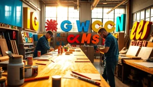 Craftsmen at an edmonton sign company creating vibrant signage in a collaborative workspace.