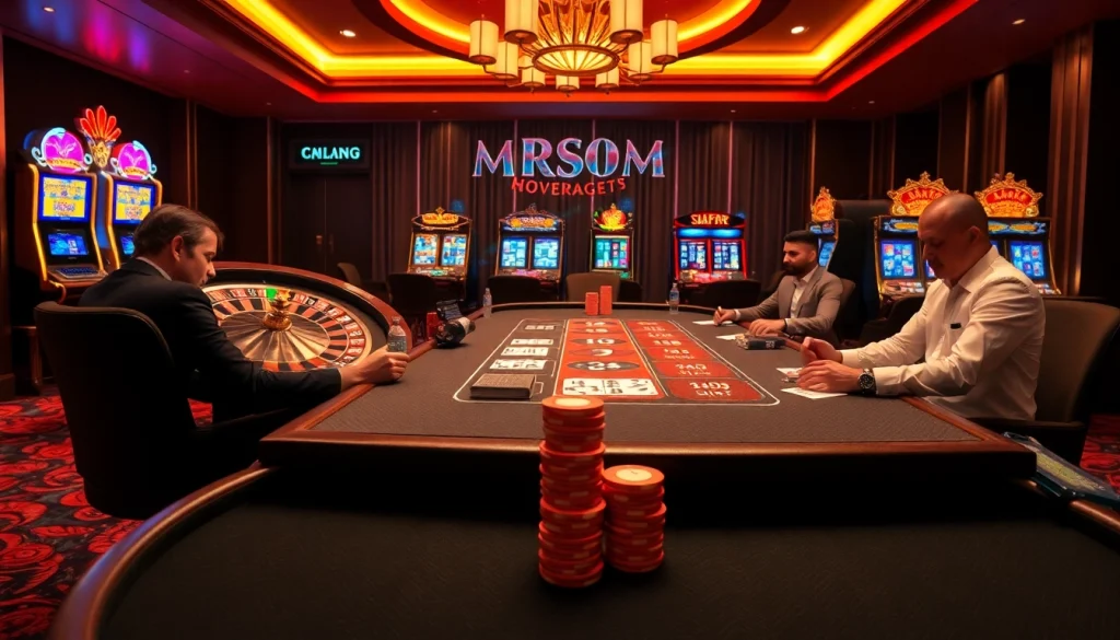 Enjoying a thrilling casino experience at https://rr99.center/ with poker tables and a roulette wheel in action.