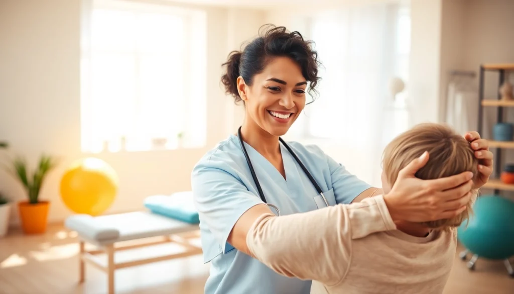 Physiotherapie Stuttgart: Eine Physiotherapeutin hilft einem Patienten mit gezielten Übungen in einer modernen Praxis.