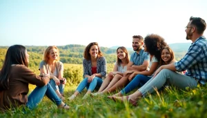 Fostering mental health awareness through supportive dialogue among diverse individuals outdoors.