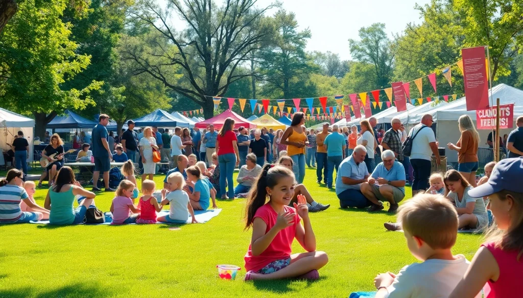 People enjoying lively Clarksburg events at a vibrant community gathering in a park.