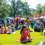 People enjoying lively Clarksburg events at a vibrant community gathering in a park.