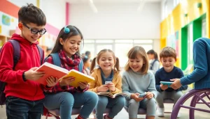 活気ある学校環境でアーティファクトランドセルを使う元気な子どもたち。喜びと学びを表現しています。