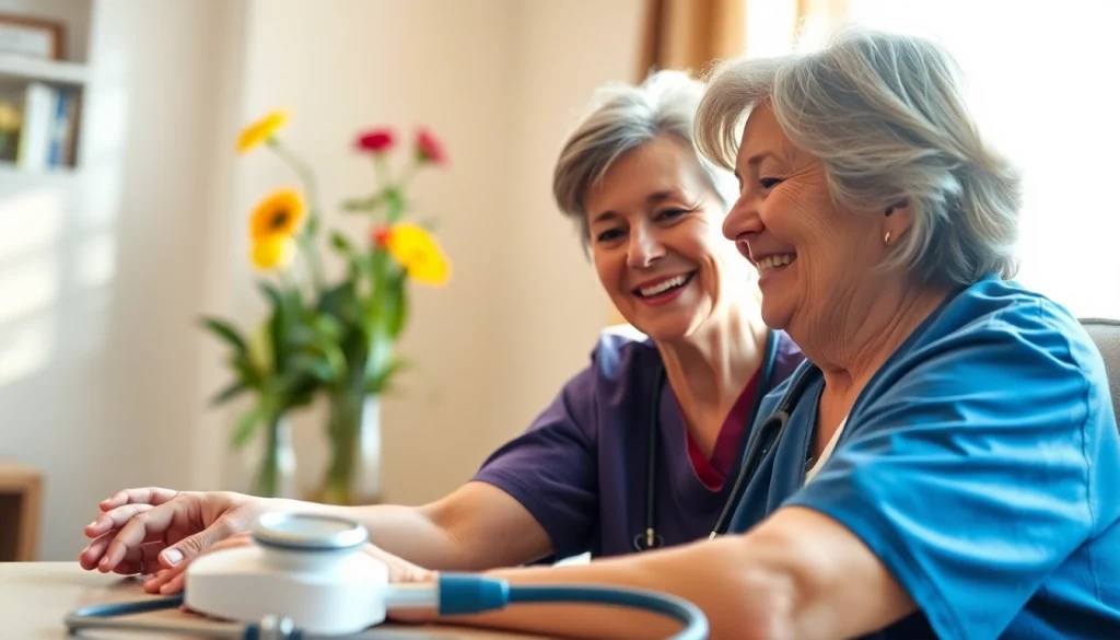 Caring professional providing home healthcare services to a senior client in a comfortable home setting.