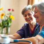 Caring professional providing home healthcare services to a senior client in a comfortable home setting.