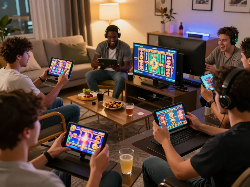 Players enjoying gajah toto slots on mobile devices in a cozy home atmosphere