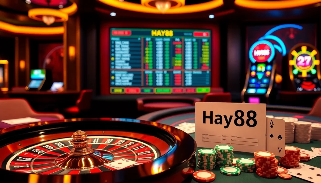 Experience the excitement of gambling with Hay88's vibrant casino scene filled with roulette wheels and poker tables.
