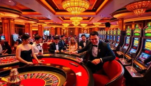 Scène excitante du meilleur casino en ligne illustrant des joueurs aux tables de roulette et de poker.