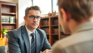 Grand Junction Personal Injury Lawyer consulting with a client in a bright office space.