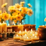 Uživajte u mirisnim svjećama postavljenim na drvenoj površini uz predivne cvjetne aranžmane.