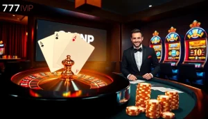 Placing bets at 777VIP's luxurious online casino featuring roulette, poker cards, and vibrant slot machines.