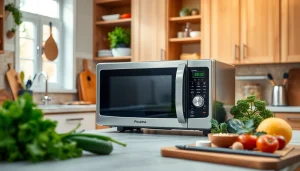 Boost your microwave oven sales with this dynamic kitchen display emphasizing fresh cooking ingredients.