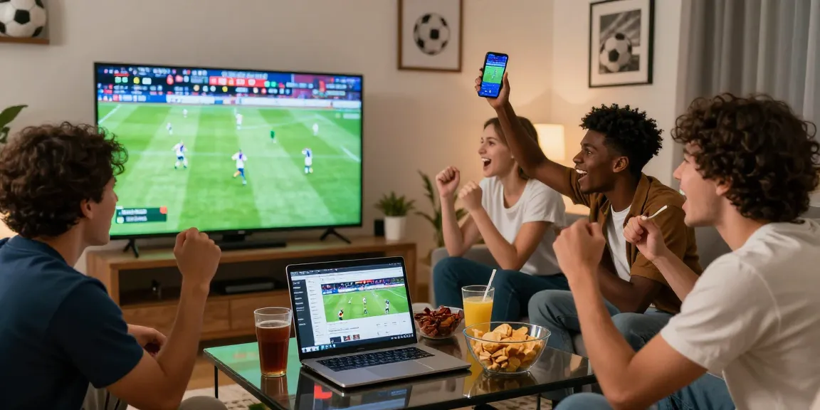 Streaming bola gratis, teman-teman merayakan pertandingan sepak bola dengan hidangan dan layar besar.